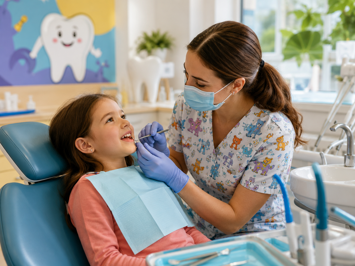 A child sitting calmly in a dental chair while a pediatric dentist gently checks the painful tooth.