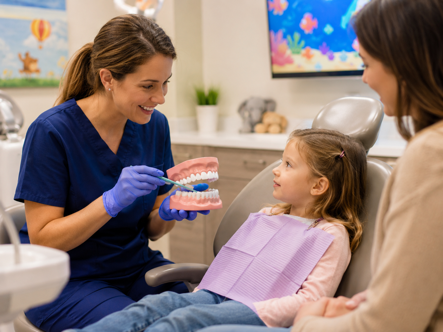 A-friendly-pediatric-dentist-explaining-the-procedure-to-a-child-using-a-tooth-model