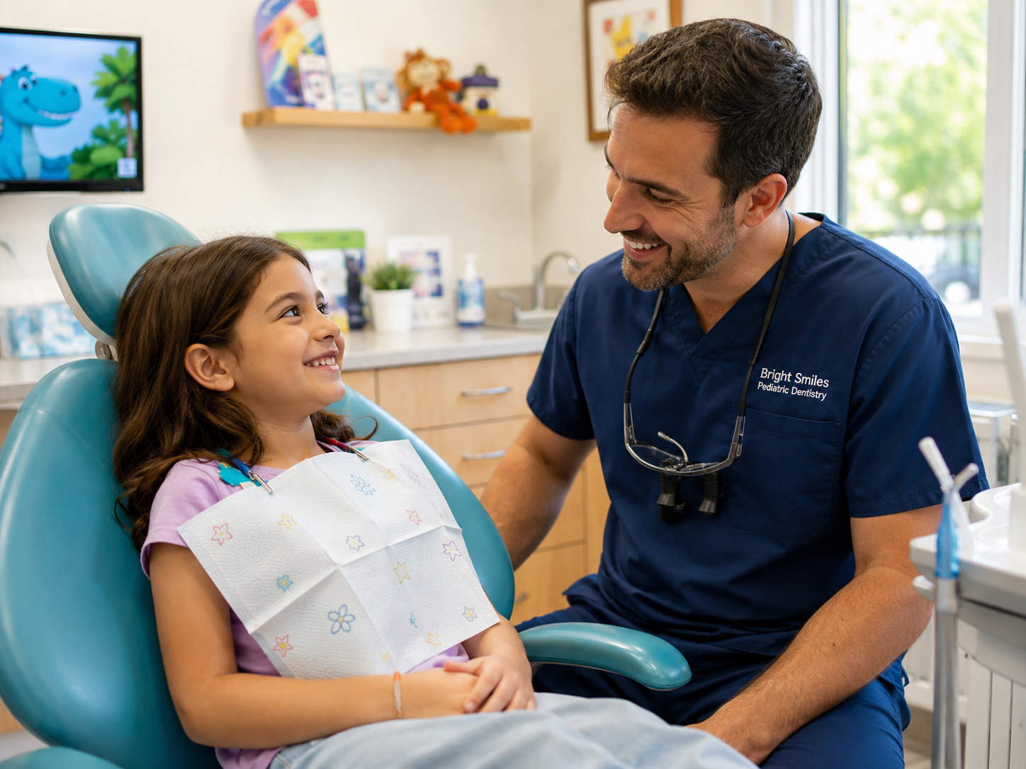 A pediatric dentist reviewing a digital X ray with a parent and child in the treatment room.
