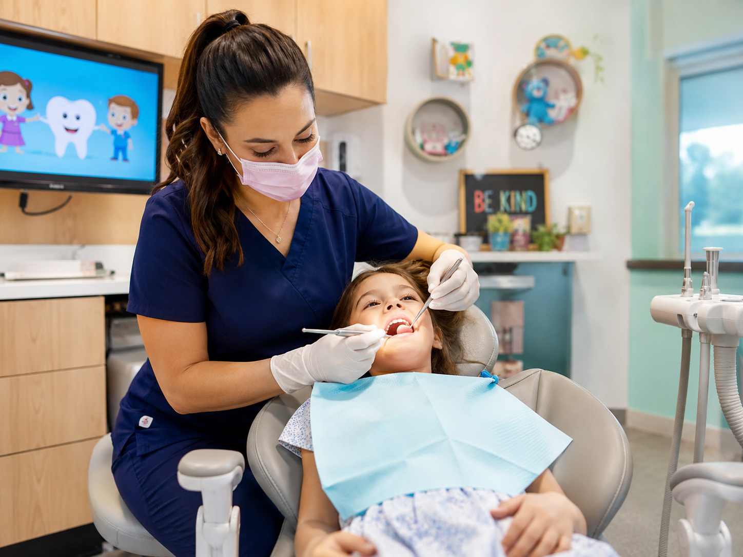 Pediatric dentist treating a relaxed child during a dental procedure