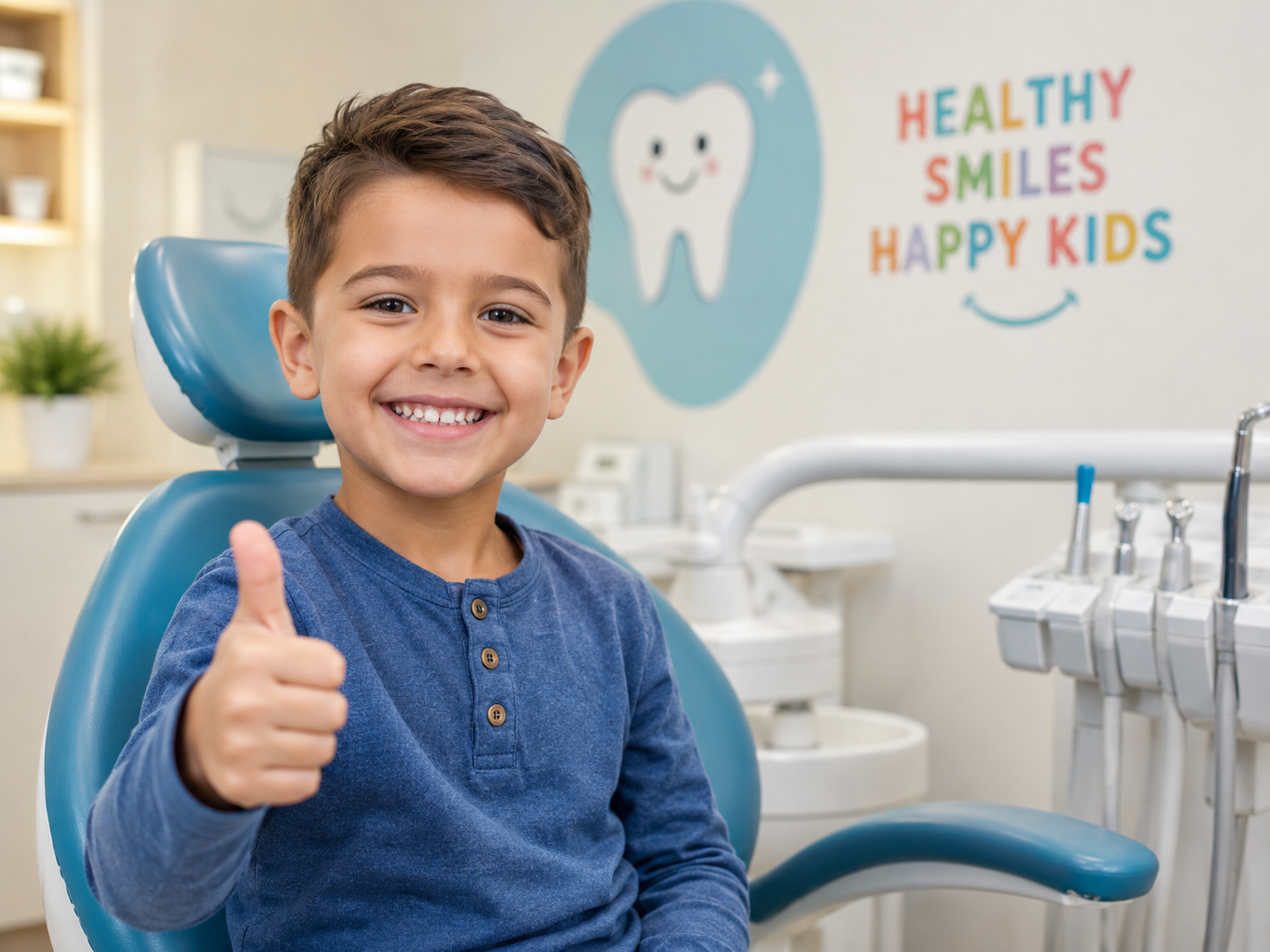 Smiling child giving thumbs up after a dental visit